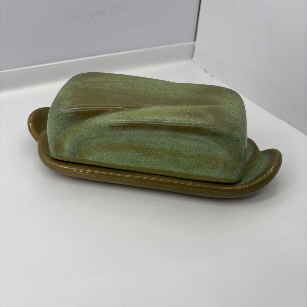 Vintage Frankoma Pottery Prairie Green Butter Dish With Lid Unmarked